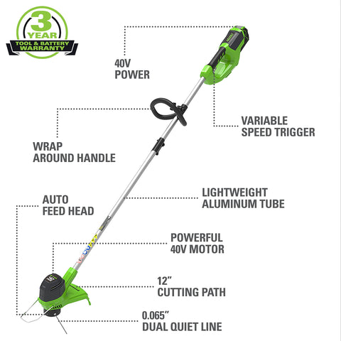 Greenworks 40V trimmer auto feed system in action reduces downtime.