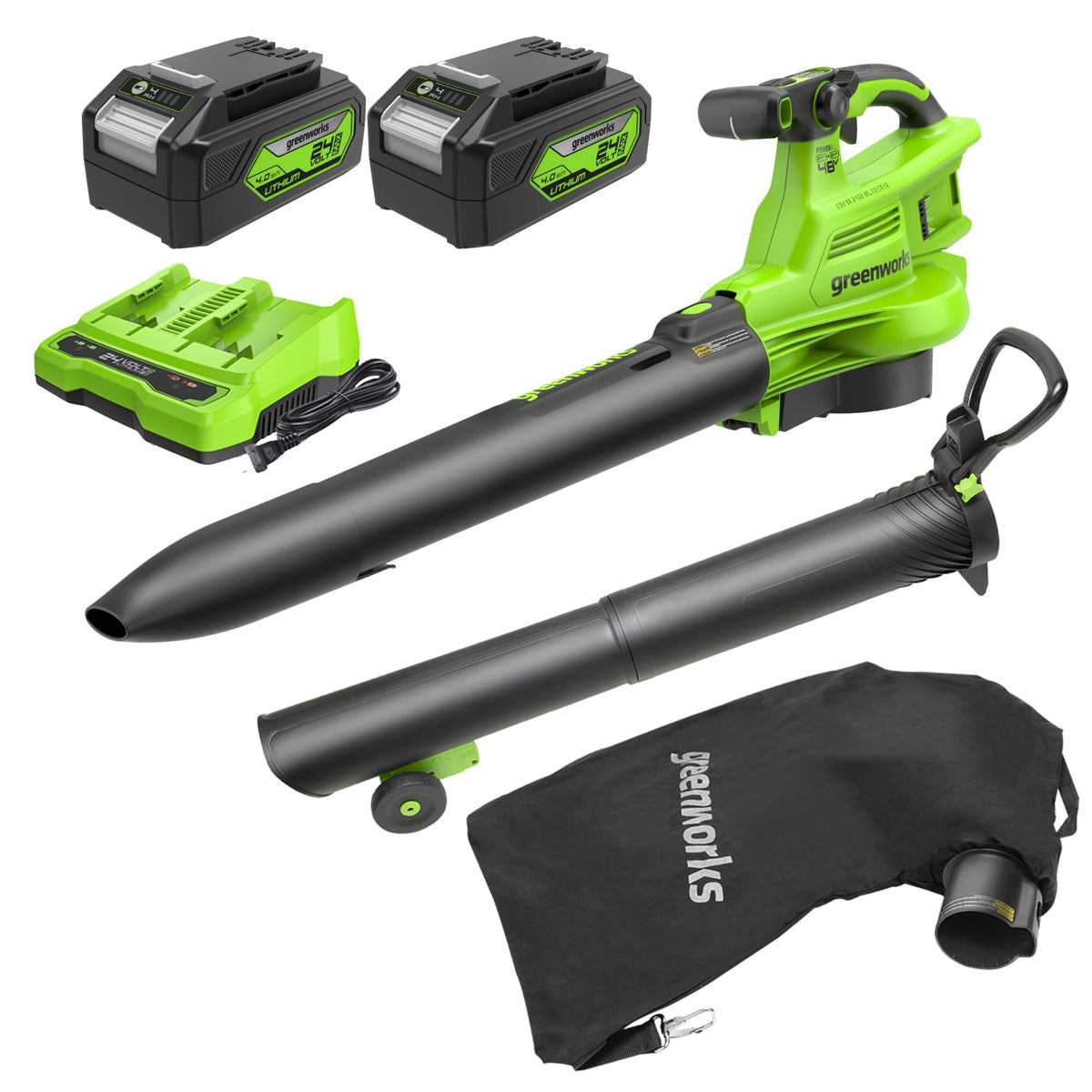 Greenworks 48V blower in action sweeping leaves for quick yard cleanup