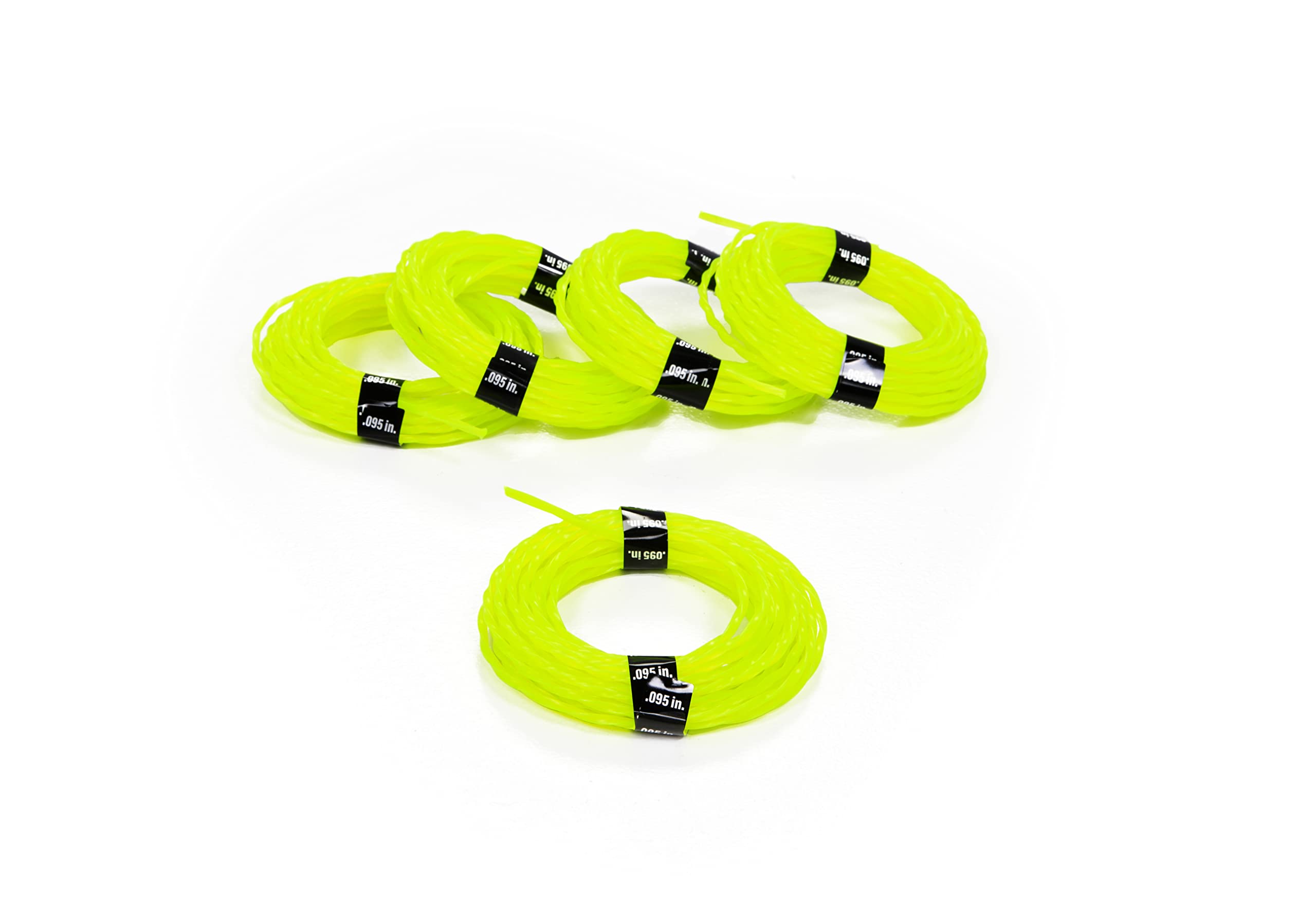 Greenworks 5-pack trimmer line highlighting convenient refills and 0.095 inch thickness.