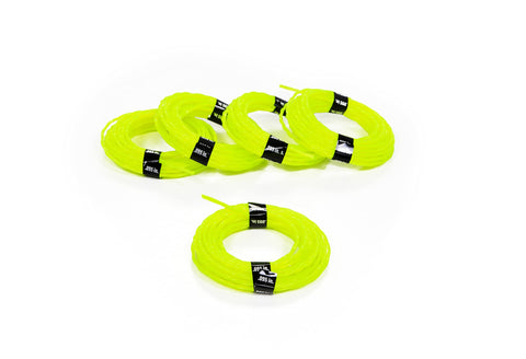 Greenworks 5-pack trimmer line highlighting convenient refills and 0.095 inch thickness.