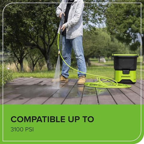 Greenworks high-pressure hose connected to a pressure washer for powerful rinsing
