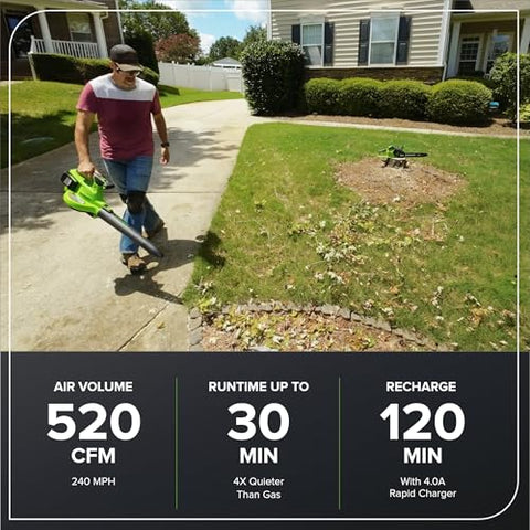Product shows 520 CFM / 240 MPH performance on a wide open driveway