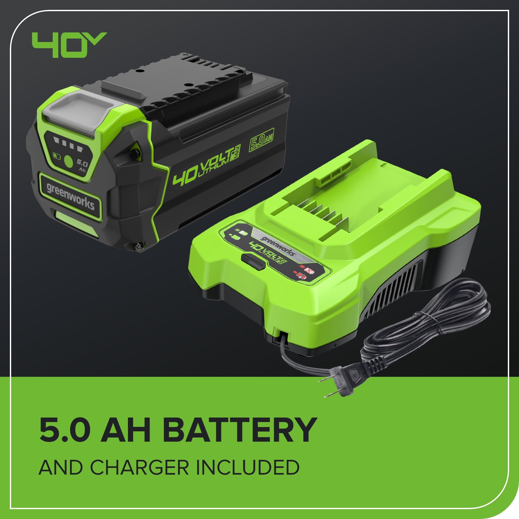 Greenworks 5Ah battery included with charger provides ready-to-use power.
