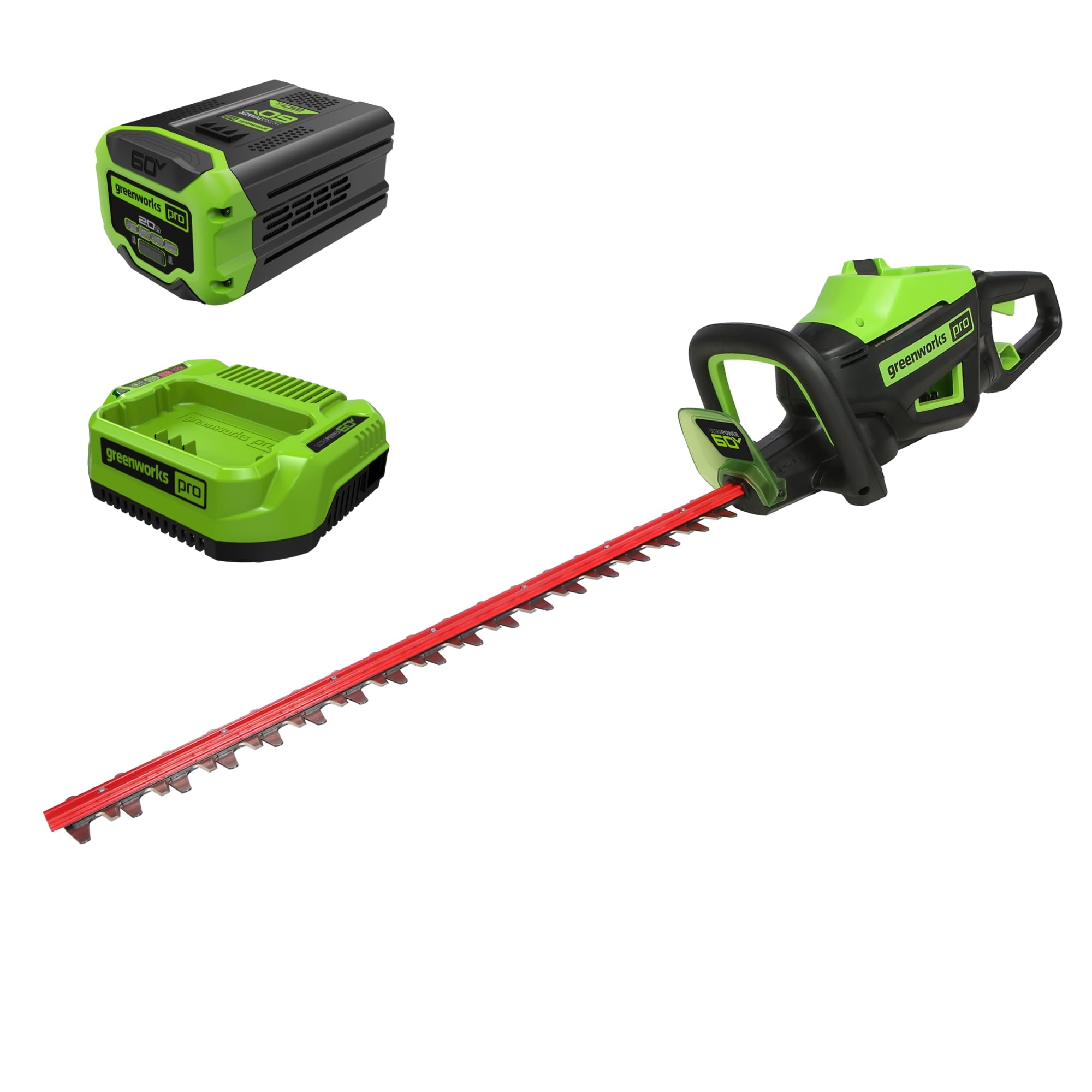 Greenworks 60V hedge trimmer blade close-up for precise cuts