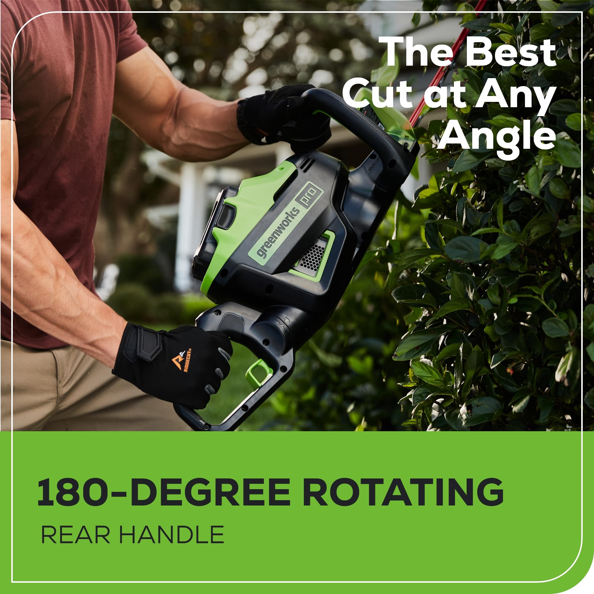 Greenworks 60V hedge trimmer laser-cut blades close-up