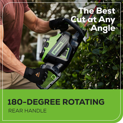Greenworks 60V hedge trimmer laser-cut blades close-up