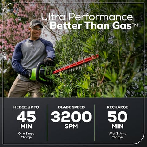 Greenworks 60V hedge trimmer rotating rear handle in use