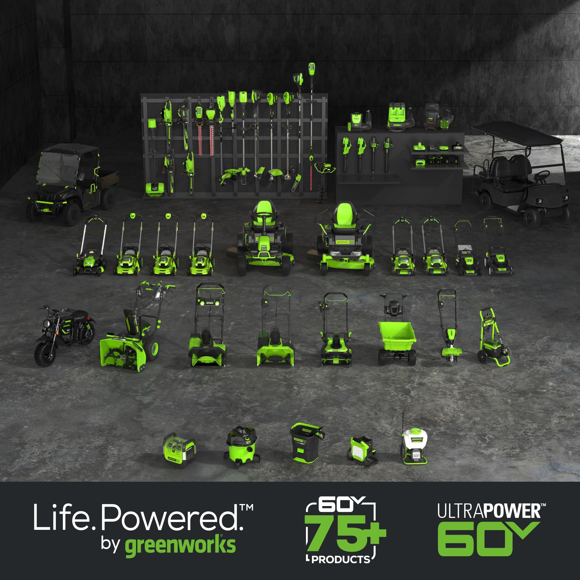 Greenworks 60V battery included for quick-start yard projects.