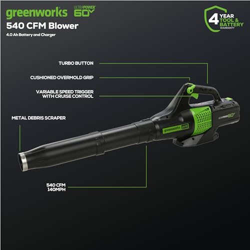 Greenworks 60V blower 540 CFM clears leaves fast with steady power.