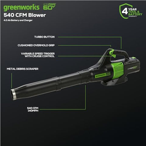 Greenworks 60V blower 540 CFM clears leaves fast with steady power.