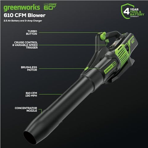 Greenworks 60V blower with battery installed for immediate outdoor use