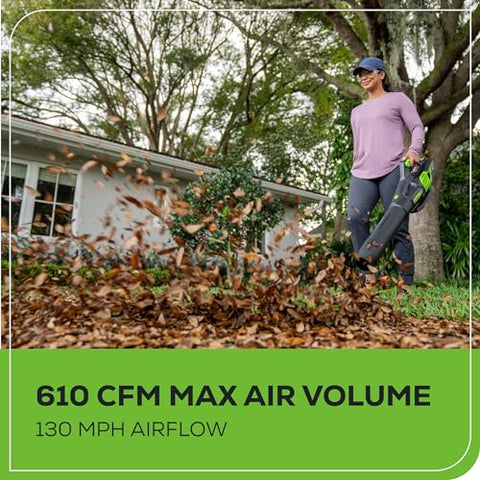 Greenworks 60V blower in driveway cleanup scene for leaves and dirt