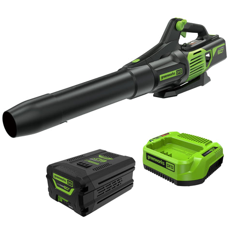 Greenworks 60V blower front view showing lightweight design for easy handling