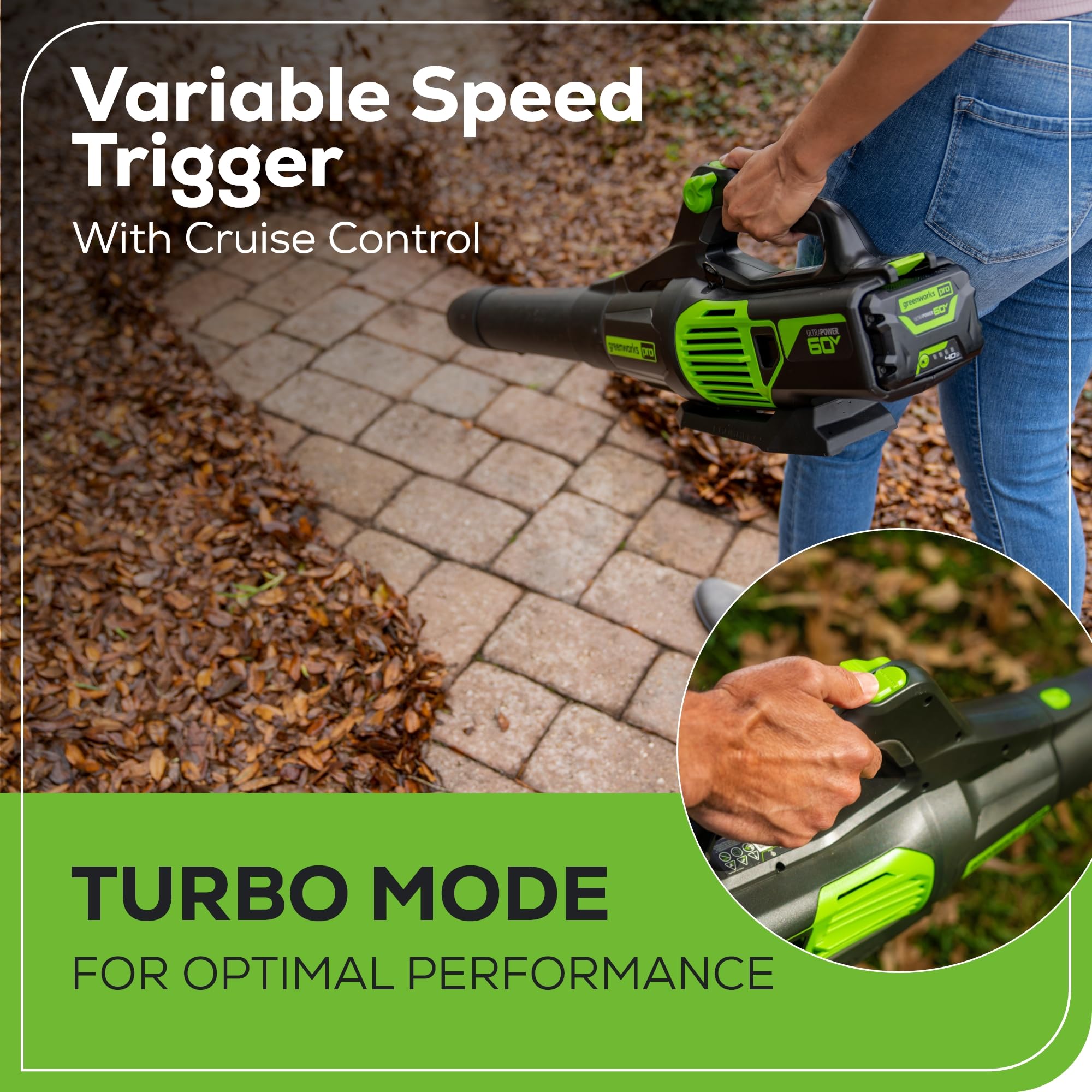 Greenworks 60V blower turbo mode boosts airflow for heavy debris