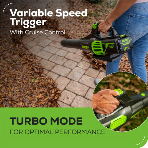 Greenworks 60V blower turbo mode boosts airflow for heavy debris