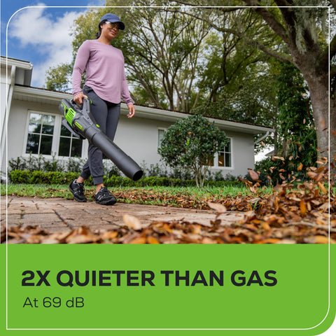 Greenworks 60V blower clearing wet leaves with steady airflow