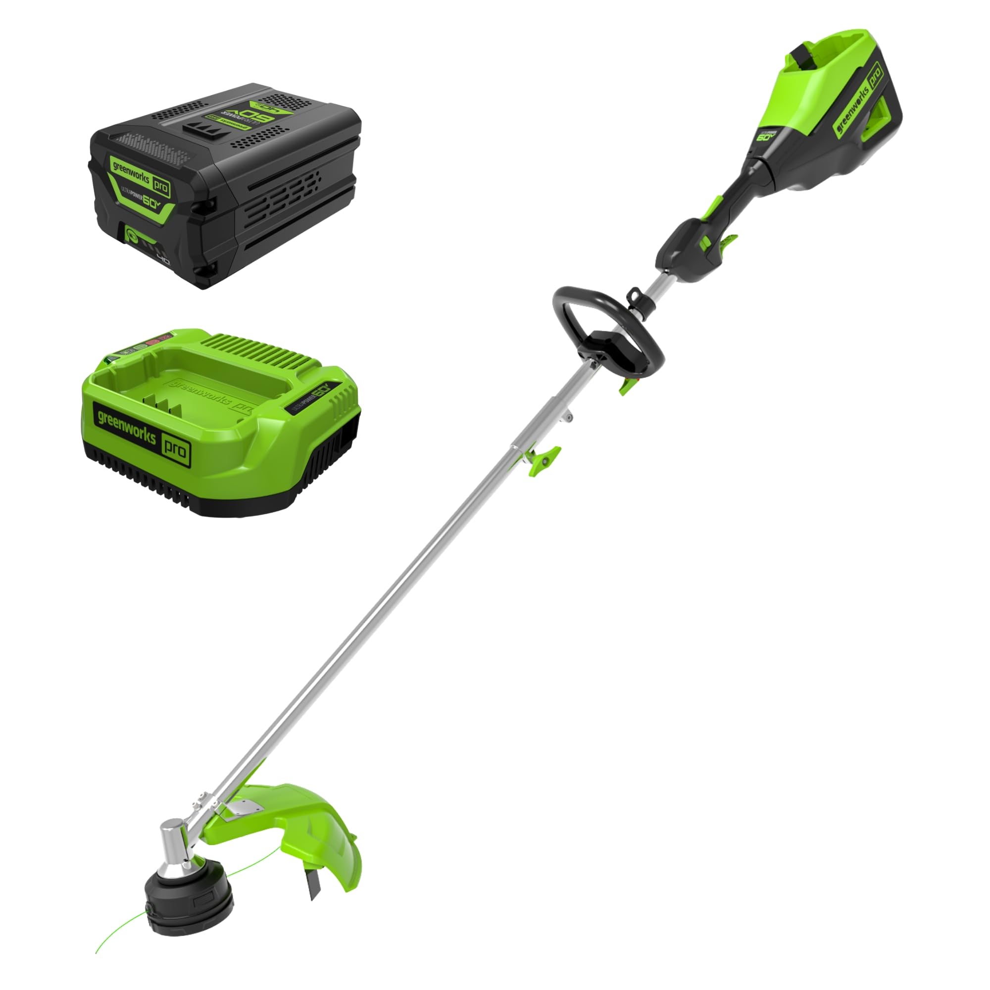 Greenworks 60V brushless motor powers strong trimming for thick grass and edging tasks.