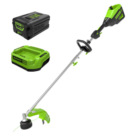 Greenworks 60V brushless motor powers strong trimming for thick grass and edging tasks.