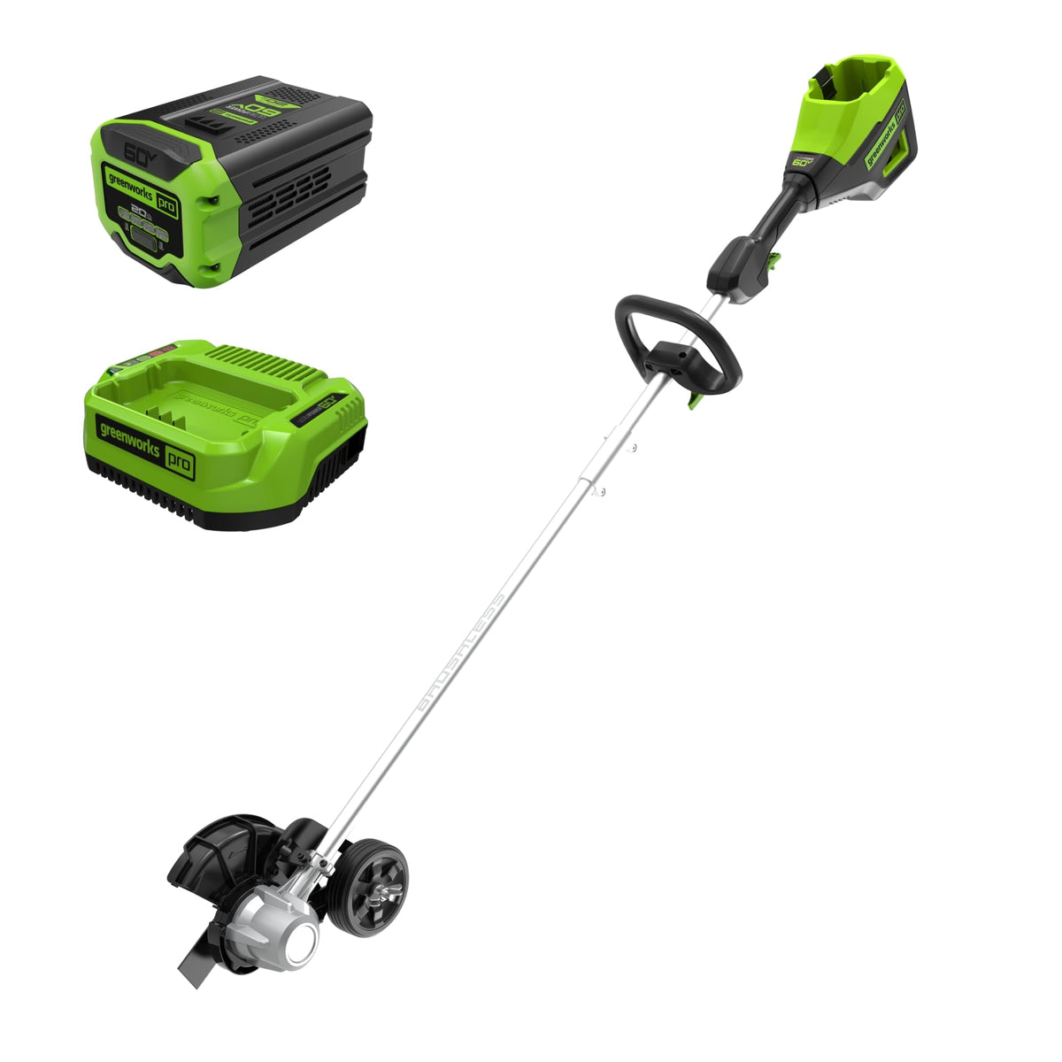 Greenworks 60V edger with 8-inch steel blade for precise lawn edges.