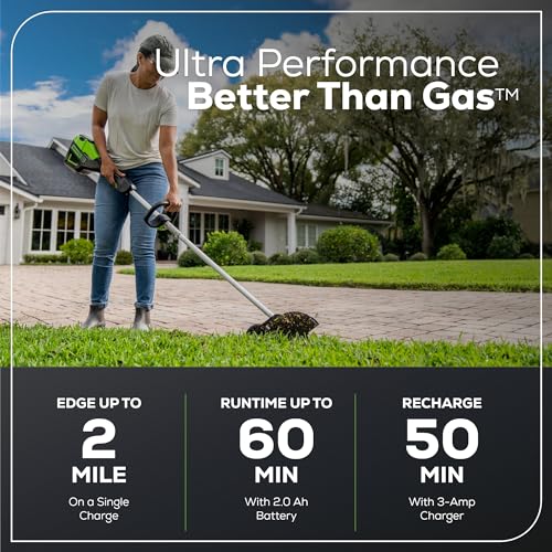 Greenworks edger with brushless motor for torque and quiet operation.