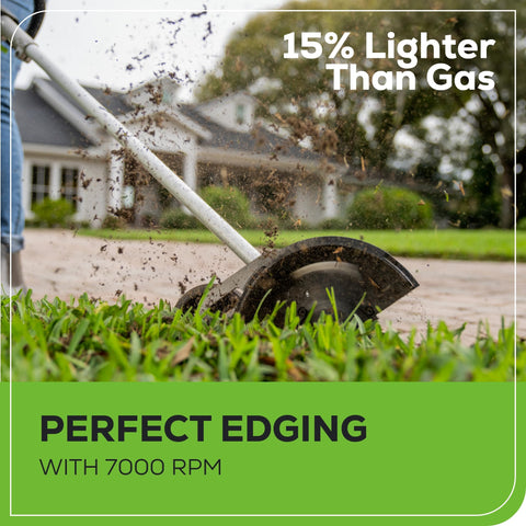 Edging between garden beds using the Greenworks 60V tool.