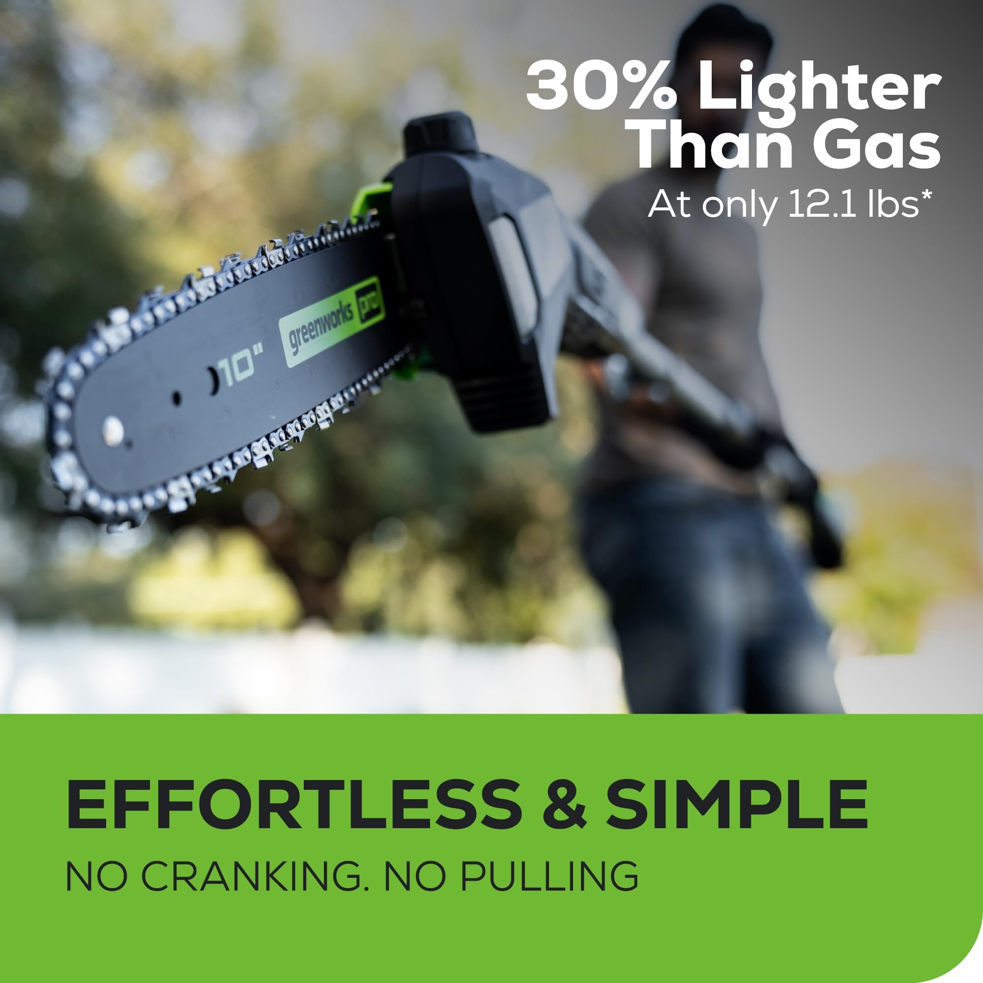 Greenworks 60V pole saw aluminum shaft delivers lightweight rigidity.