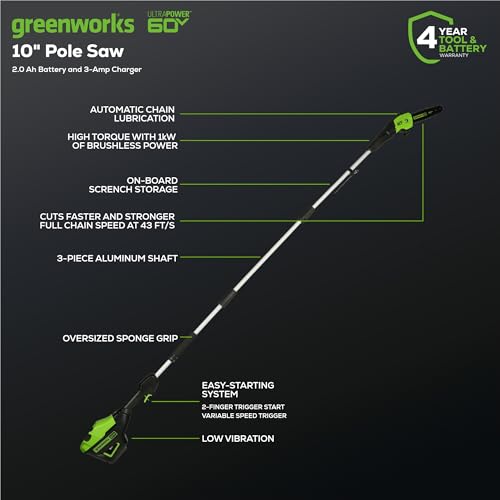 Greenworks 60V pole saw brushless motor for consistently smooth cuts.