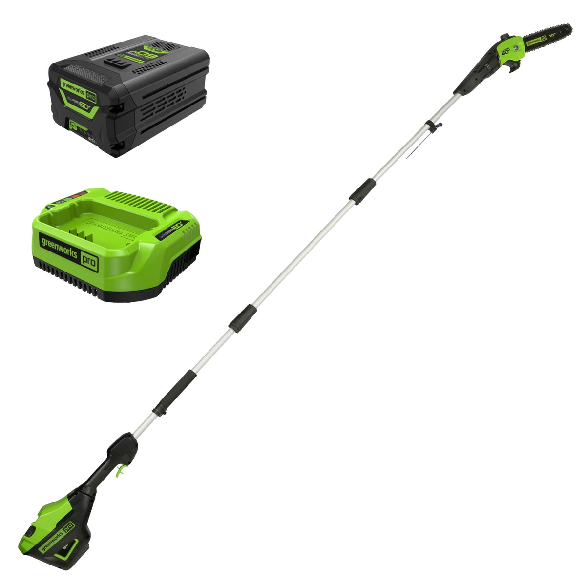 Greenworks 60V pole saw extended reach enables safe pruning from the ground.