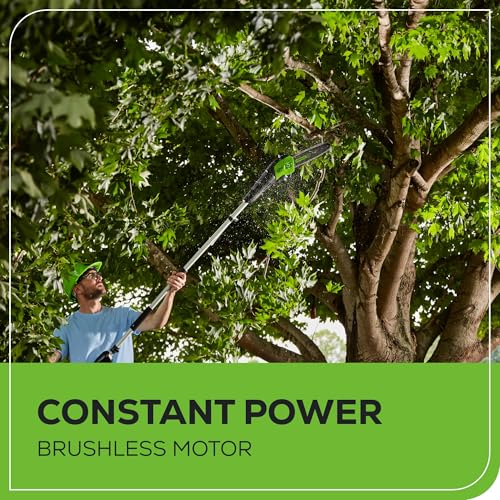 Greenworks 60V pole saw push-button start for quick setup.