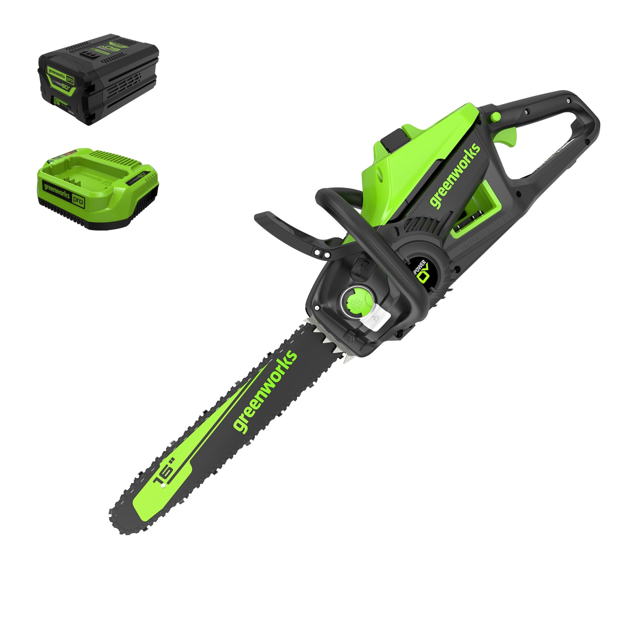 Greenworks 60V Pro 16in brushless chainsaw with lightweight handle for easy maneuvering
