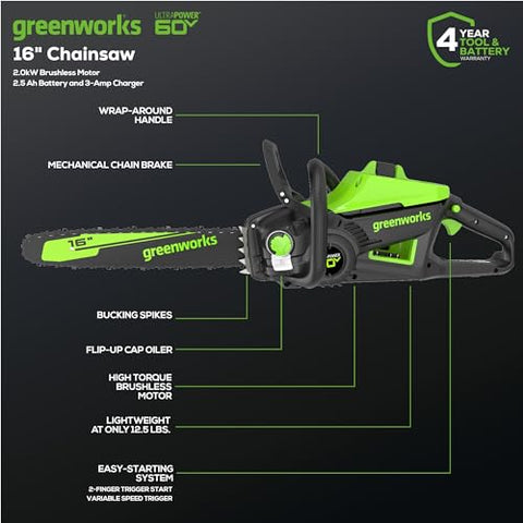 Greenworks 60V Pro 16in chainsaw with two-finger start for quick starts