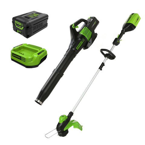 Greenworks 60V trimmer with 13-inch cutting path for quick lawn edging.