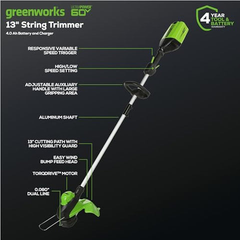 Greenworks 60V trimmer dual-line bump feed for thick grass and weeds.