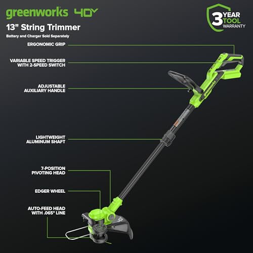 Greenworks 7-position pivot head enabling precise trimming and edging.