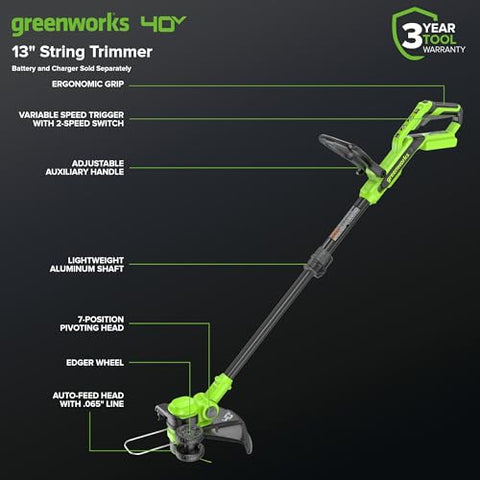 Greenworks 7-position pivot head enabling precise trimming and edging.