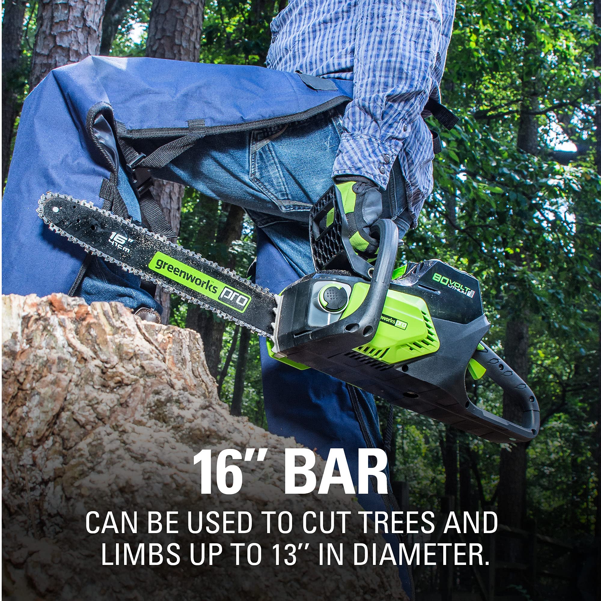 GreenWorks 80V 16-Inch chainsaw automatic oiler maintains chain lubrication.