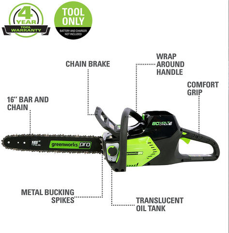 GreenWorks 80V 16-Inch chainsaw bar and chain close-up for precise cuts.