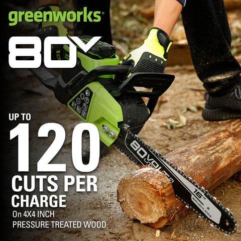 GreenWorks 80V 16-Inch chainsaw actively cuts a thick limb.