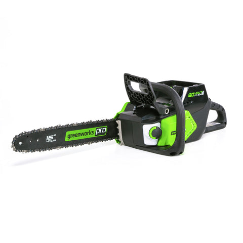 GreenWorks 80V 16-Inch chainsaw front view for efficient tree felling.