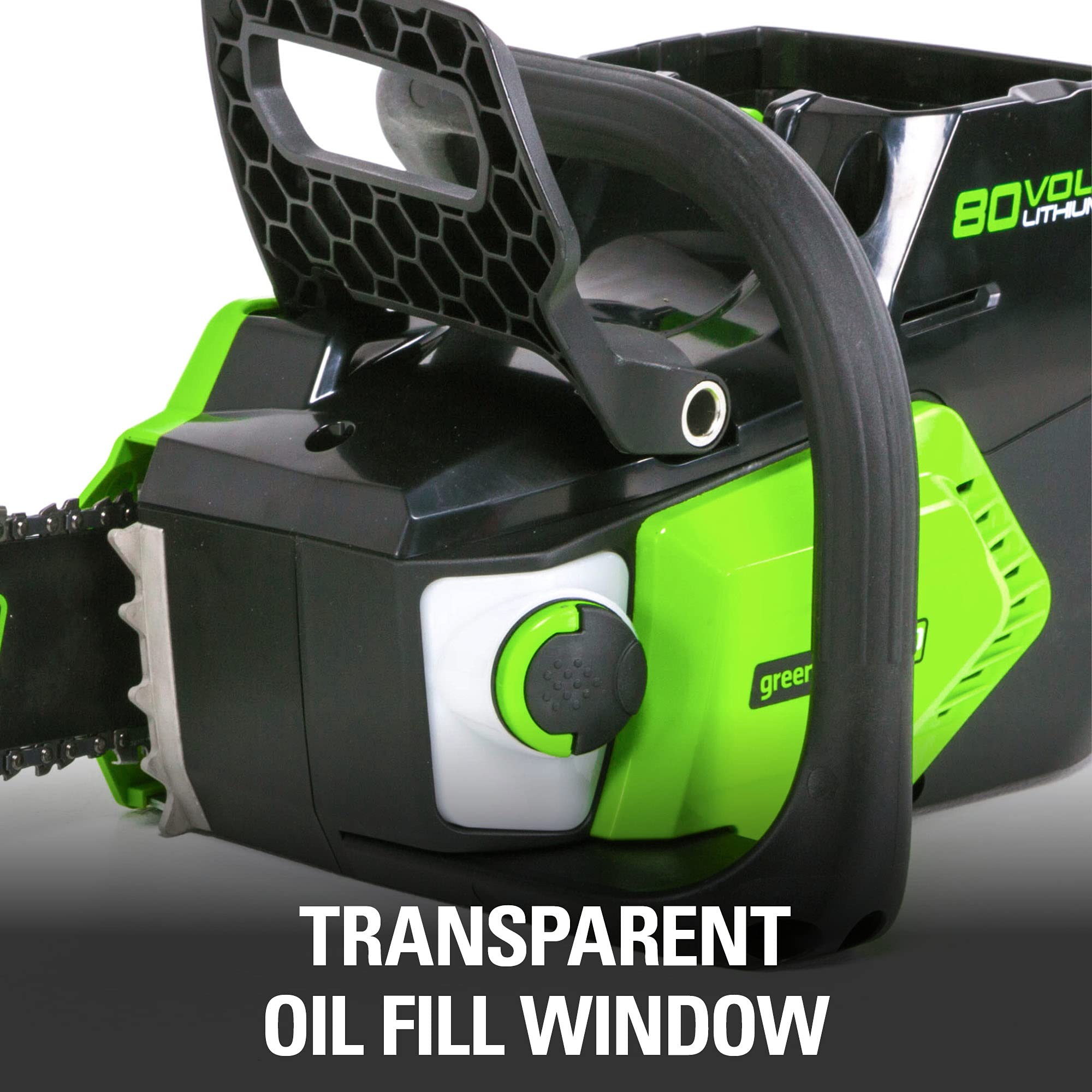 GreenWorks 80V 16-Inch chainsaw inertia brake enhances safety.