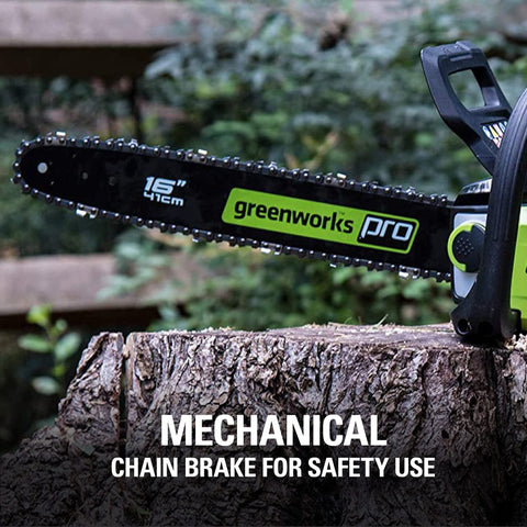 GreenWorks 80V 16-Inch chainsaw oil window clearly shows lubrication level.