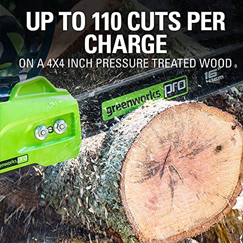 GreenWorks 80V 16-Inch chainsaw quick-start button enables instant power.