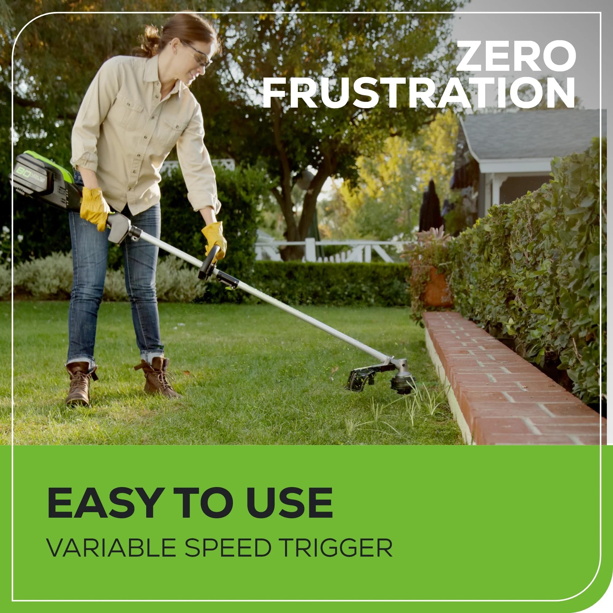 Greenworks 80V brushless trimmer bump feed head in action