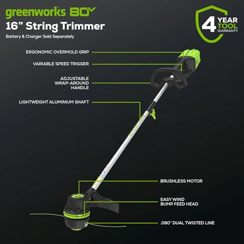 Greenworks 80V trimmer cutting path showing 16-inch reach