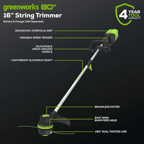 Greenworks 80V trimmer cutting path showing 16-inch reach
