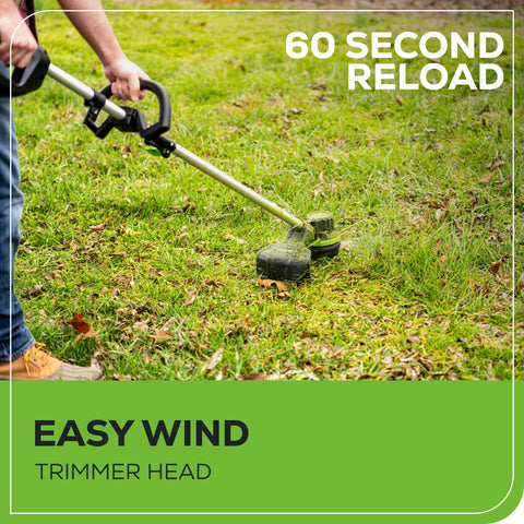Greenworks tool-only trimmer image highlighting battery not included