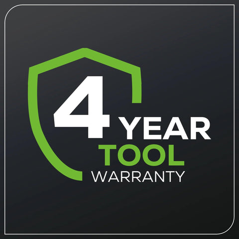 Greenworks 80V trimmer warranty badge indicating long-term reliability
