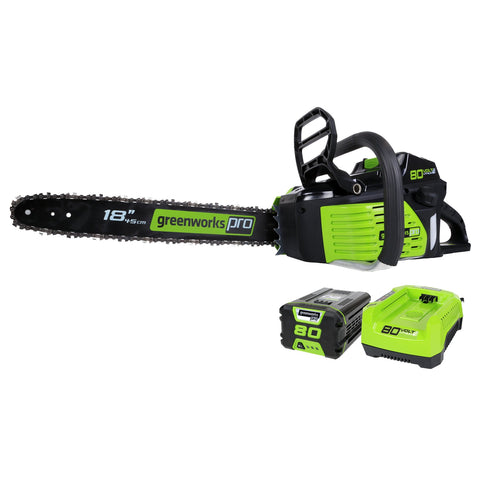 Greenworks 80V 18in chainsaw ready for powerful cordless cutting tasks.