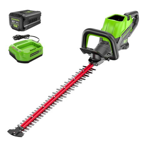 Greenworks 80V hedge trimmer blade with 26-inch reach for precise trimming.