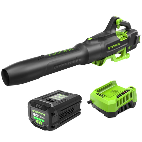 Greenworks 80V axial blower showcasing 700 CFM power for wet-leaf cleanup.